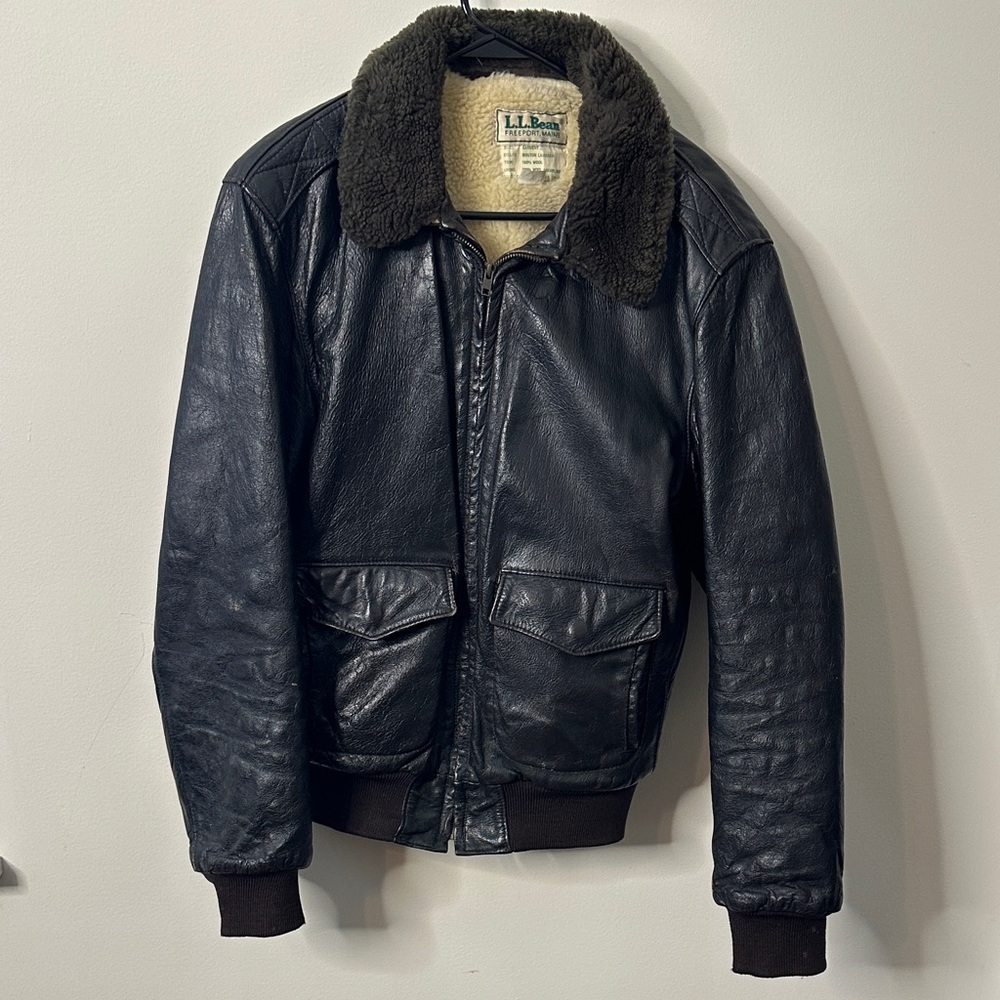Vintage L.L. Bean Leather Bomber Jacket with Shearling Lining & Collar - Picture 7 of 8